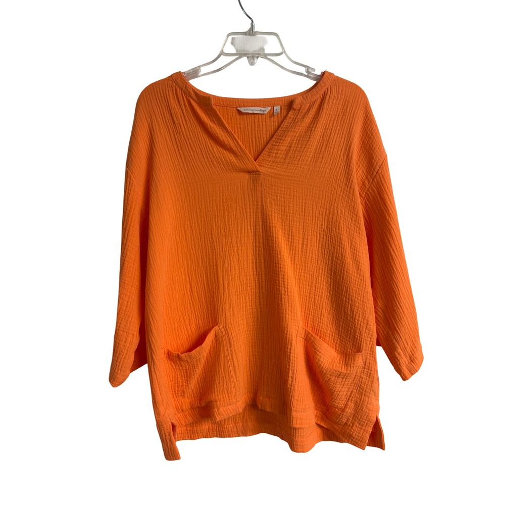 Soft Surroundings Orange Cotton Gauze Tunic Top V-Neck 3/4 Sleeve Small Coastal